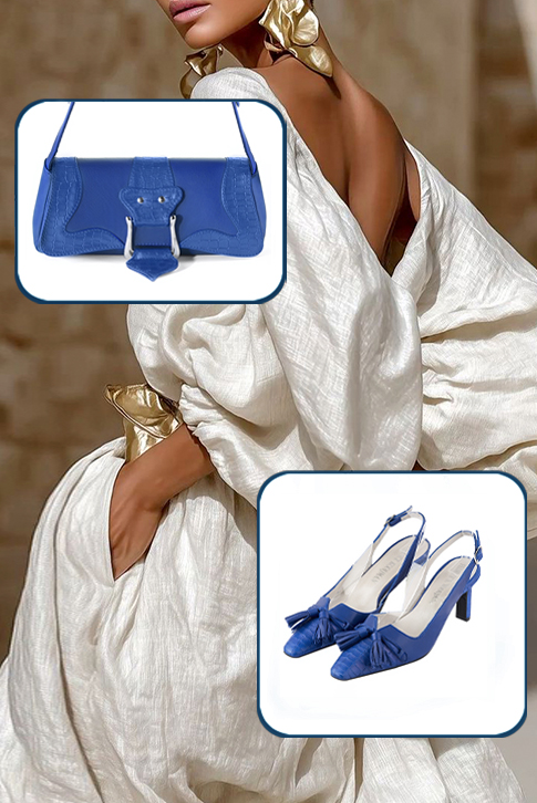 Dress slingback bow heels in electric blue leather with medium slim heels and tapered toe - Worn view